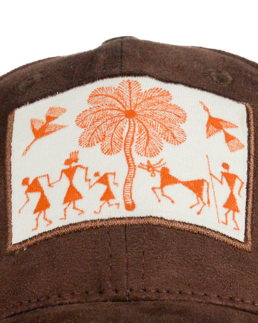 Hand Painted Warli Suede Cap - Brown