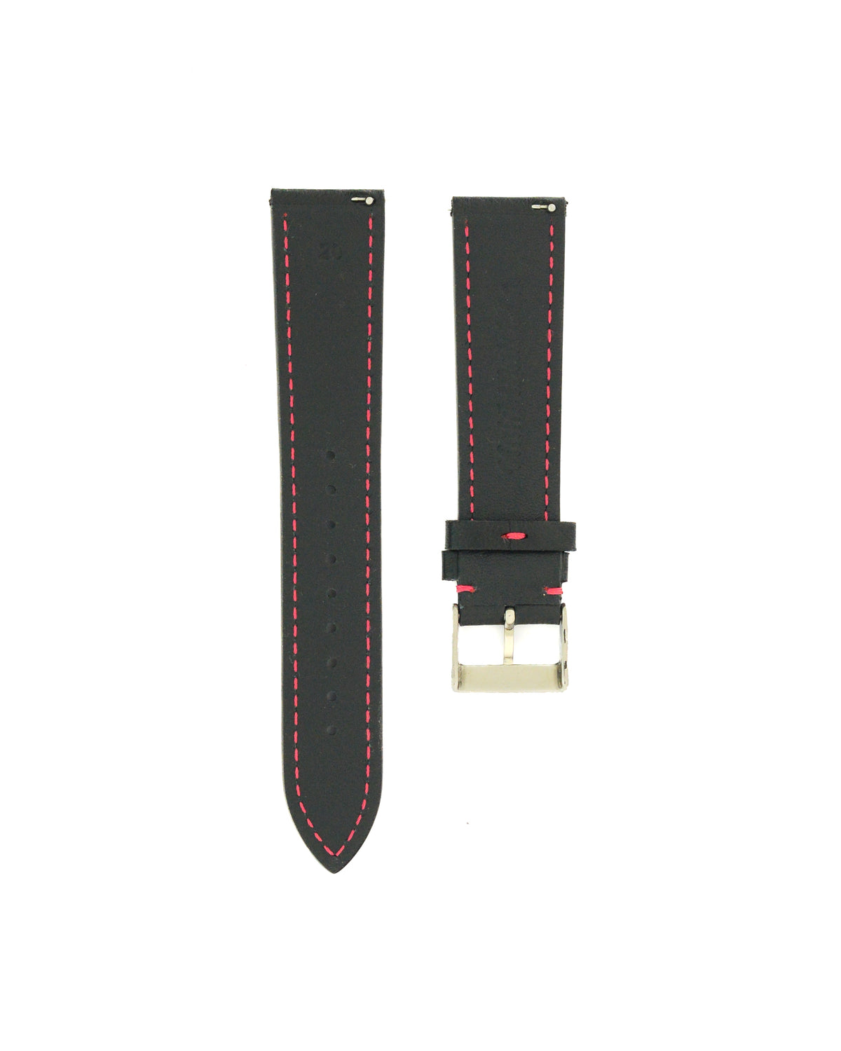 Backside of 20mm Black Sheep Nappa Leather Watch Strap with Magenta Stitching with Kala Watch Co debossing and strap size detail