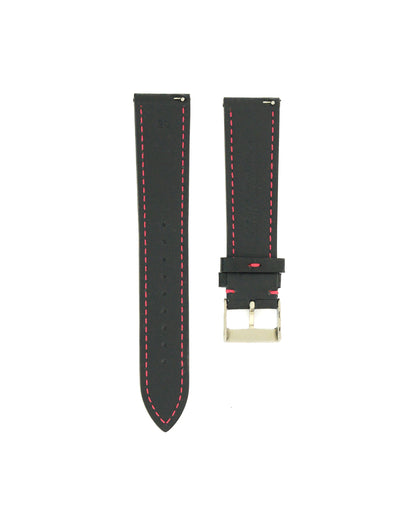 Backside of 20mm Black Sheep Nappa Leather Watch Strap with Magenta Stitching with Kala Watch Co debossing and strap size detail