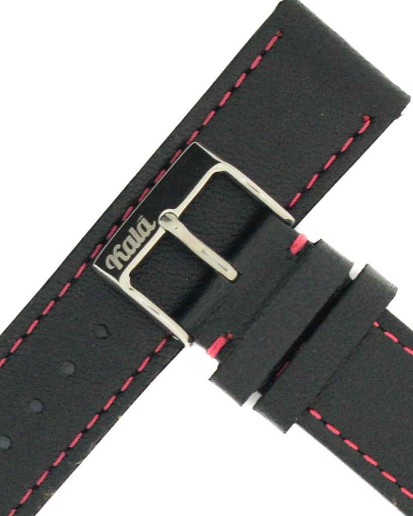 Close-up of 20mm Black Sheep Nappa Leather Watch Strap with Magenta Stitching showing soft texture and tonal stitching