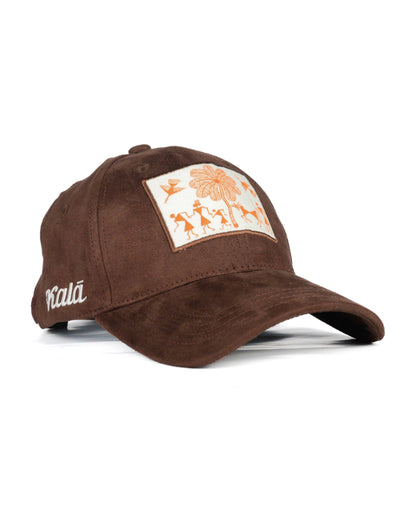 Hand Painted Warli Suede Cap - Brown
