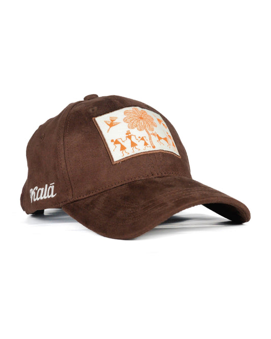 Hand Painted Warli Suede Cap - Brown