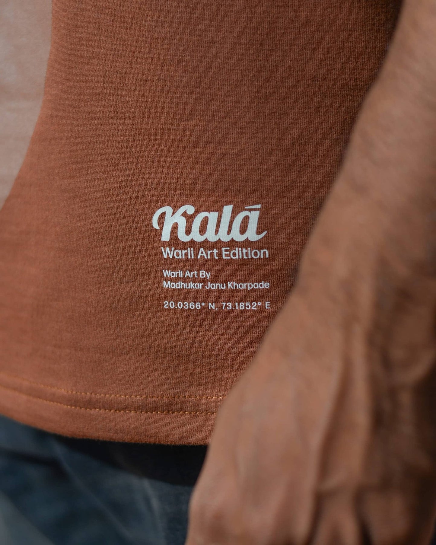 Hand painted Warli art t-shirt. Brown t-shirt with authentic tribal artwork by Warli artisans.