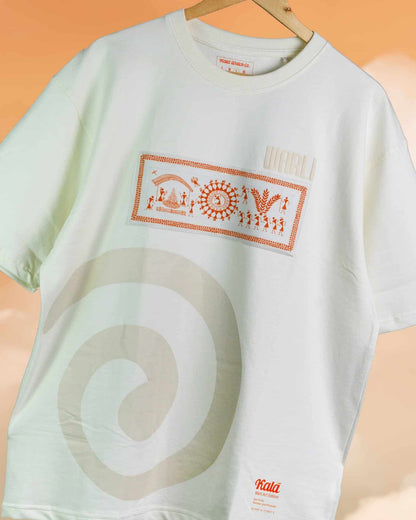 Hand painted Warli art t-shirt. Off-white t-shirt with authentic tribal artwork by Warli artisans.