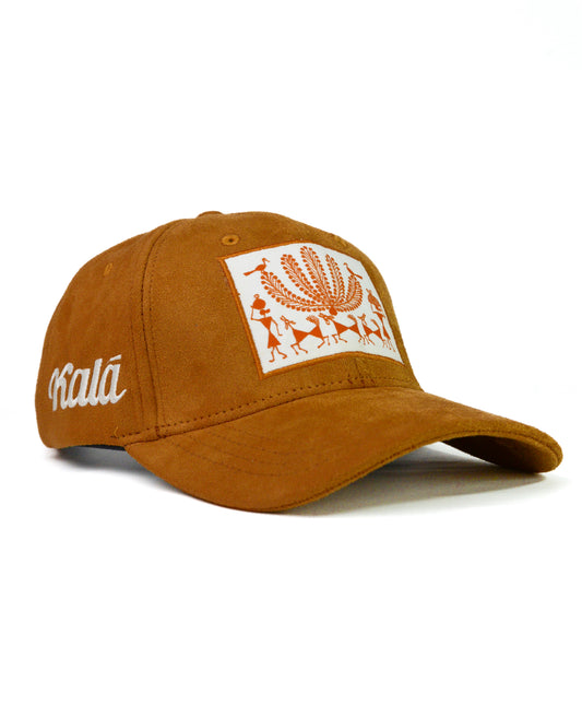 Hand Painted Warli Suede Cap - Tan
