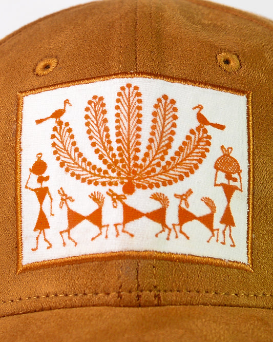 Hand Painted Warli Suede Cap - Tan