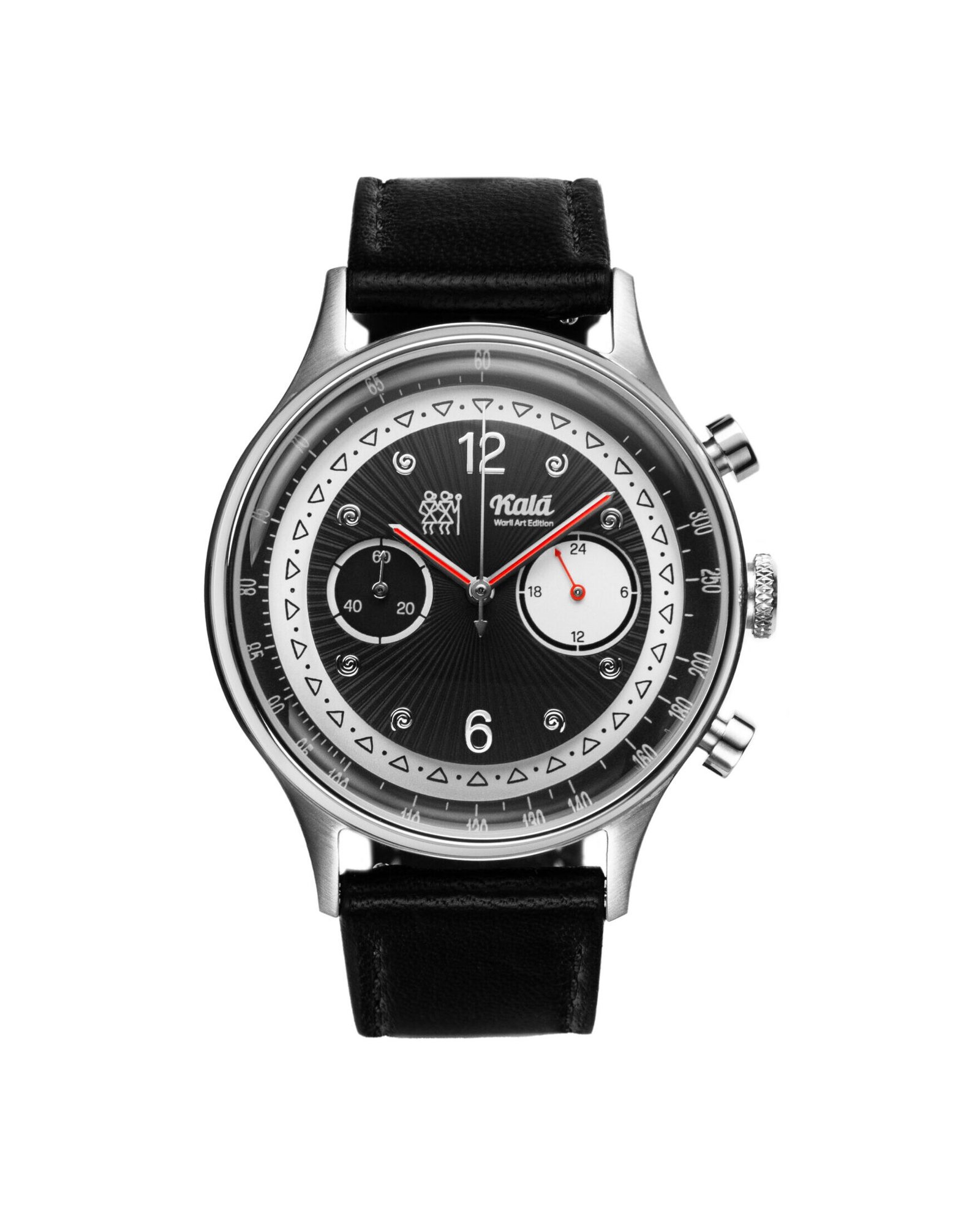 Kala Watch Co Warli Art Edition chronograph watch featuring a three-layered dial inspired by traditional Warli art, built in India with Seiko VK64 movement