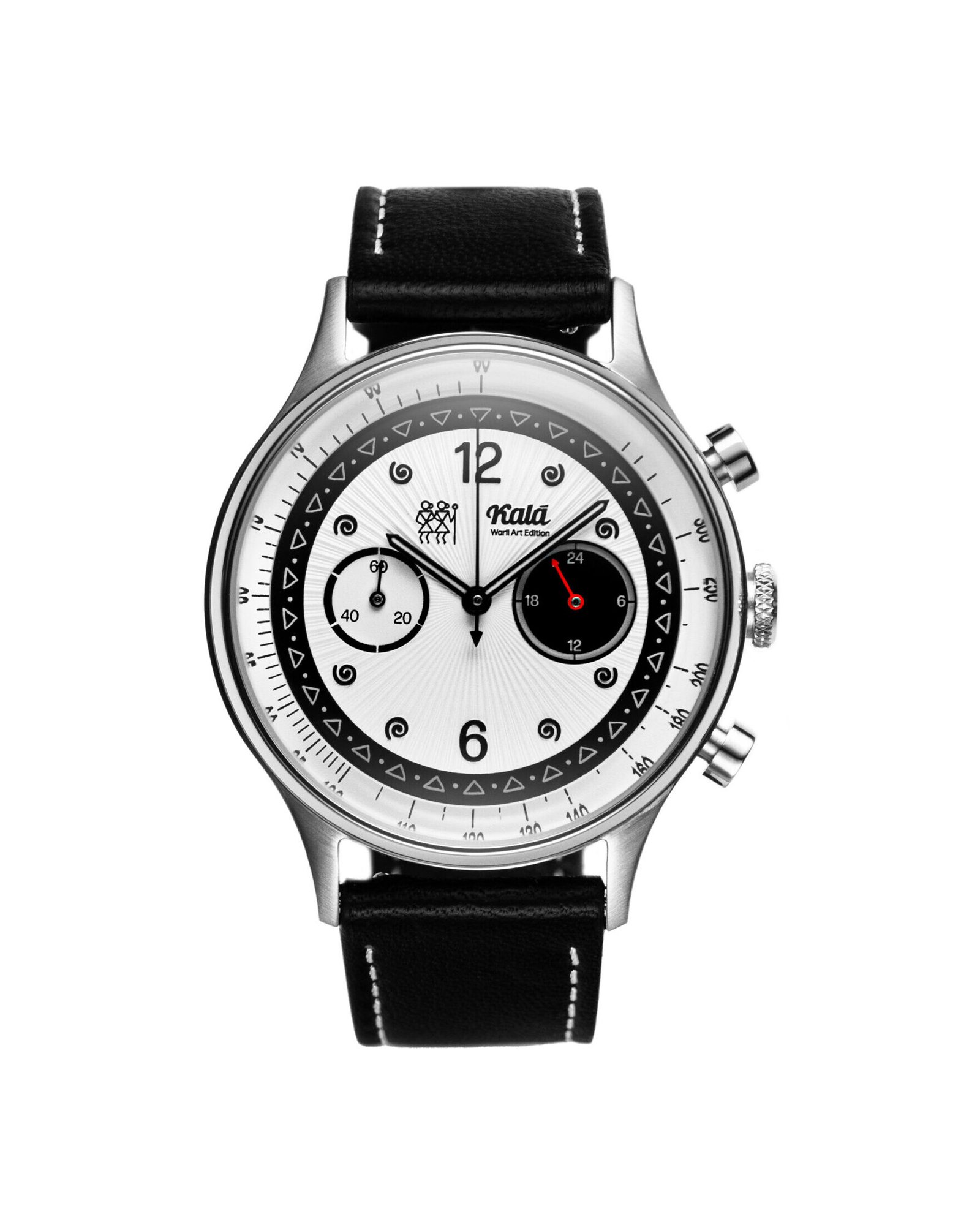Kala Watch Co Warli Art Edition chronograph watch featuring a three-layered dial inspired by traditional Warli art, built in India with Seiko VK64 movement